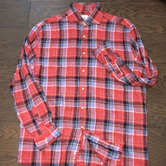 Red & Blue Martin Dingman Tartan Plaid Check 100% Linen LS Button down Shirt XL - Picture 2 of 7
